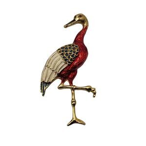 Vintage Bird Brooch Red Enamel Crane Heron Gold Tone Figural Pin